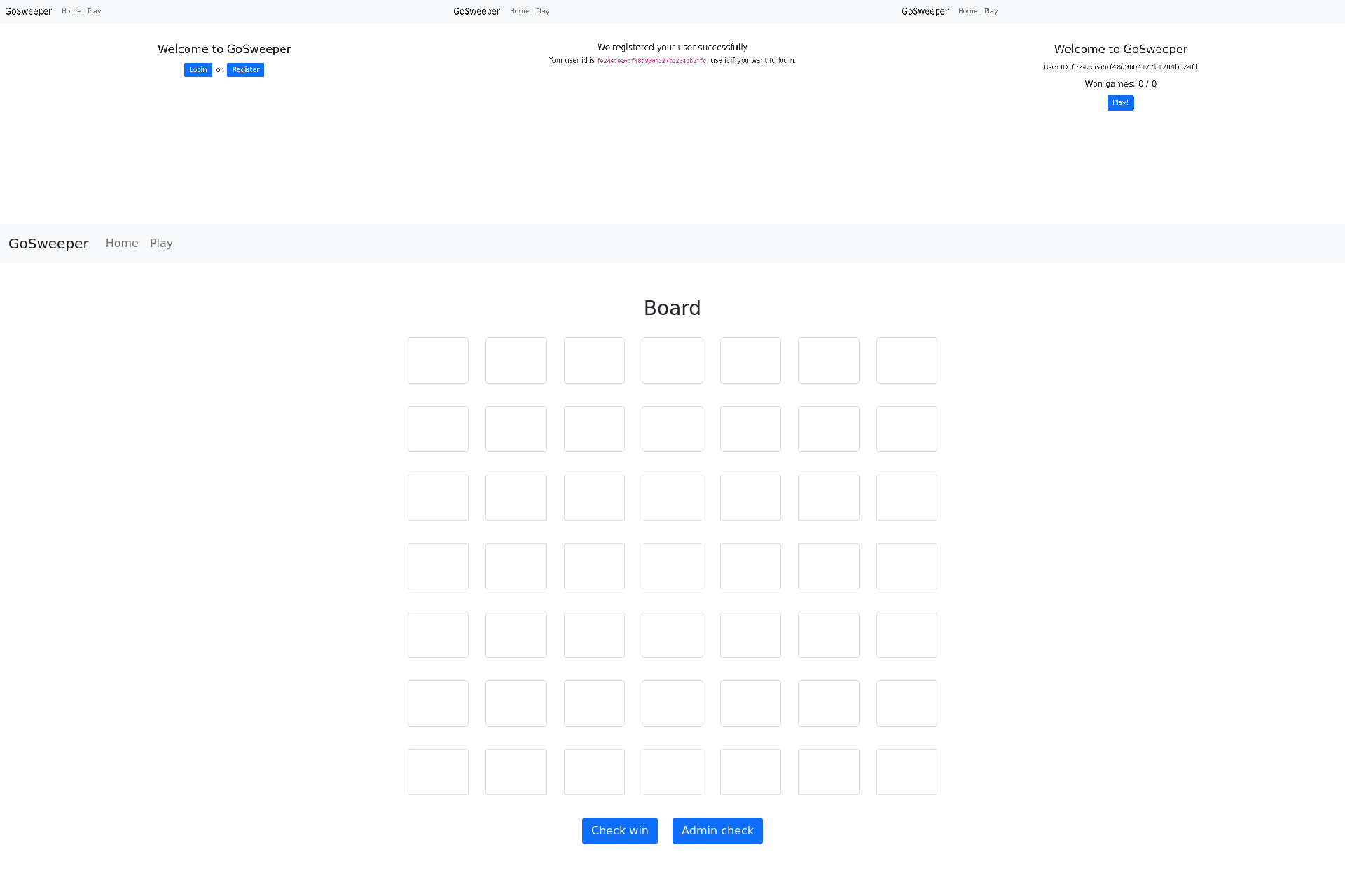 Top left: landing page; Top center: register success page; Top right: logged-in home page; Bottom: board page